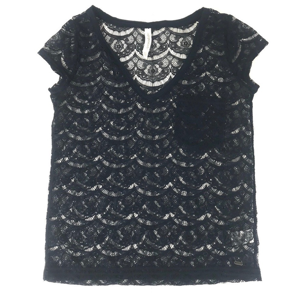 Aeropostale Womens Navy Blue Lace V Neck Cap Sleeve‎ Sheer Top Size XS
